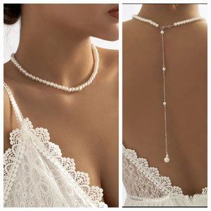White Faux Pearl 9" Back Dangle 16" Choker Bridal Event Party Necklace NWOT